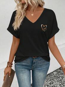 SHEIN New Women Fashion Heart Metallic Print V-Neck Short Sleeve T-Shirt - Black - View 4