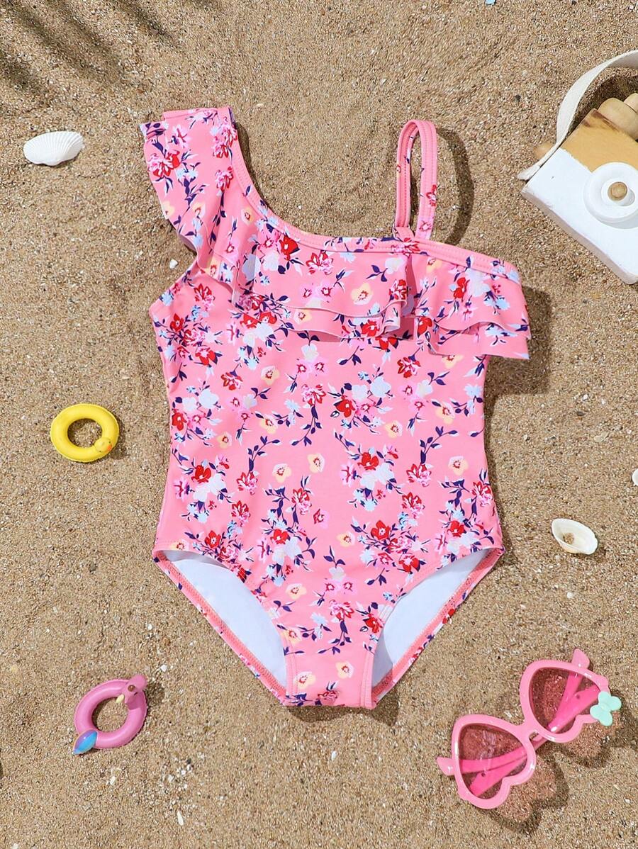 1pc Girls' Adjustable Shoulder Strap Ditsy Floral Ruffled Trim One-Piece Swimsuit - Multicolor - View 1