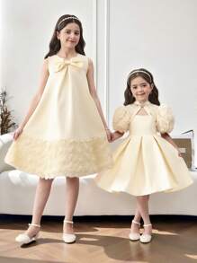 Tween Girl 3D Flower Patchwork Big Bow Decor Round Neck Sleeveless A-Line Dress