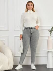 EURMUSE 97% Cotton Plus High Waist Mom Fit Jeans - Grey - View 3