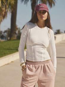 Aralina Women's Solid Color Simple Casual Round Neck Long Sleeve Blouse - White - View 1