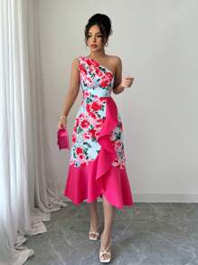 Elenzga 1 件女式花卉印花不对称荷叶边腰部不对称下摆连衣裙，春夏 - 彩色 - 查看 5