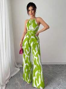 SHEIN Elenzya 女士印花面料束腰连体裤，优雅度假和日常穿着 - 青檸色 - 查看 6