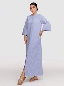 Veilorie 女式条纹纽扣前开长款休闲连衣裙，春秋季节，端庄的长款连衣裙，非常适合海滩/休闲/度假/家居服/返校和日常休闲穿着 - 藍白色 - 查看 6