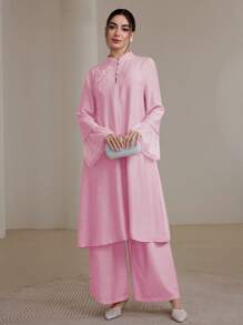 Graceveil 2pcs/Set Women Elegant Stand Collar Ruffle Cuff Long Sleeve Set Modest - Pink - View 3