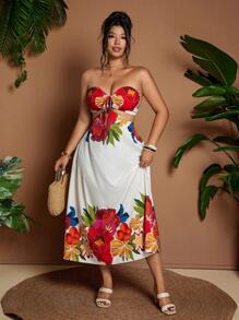 Flirla Vestido largo sin mangas con escote tubo, estampado floral y calado, para vacaciones, talla grande - Multicolor - Ver 4