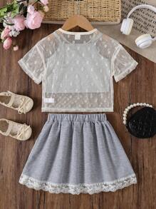 2 件套年轻女孩通勤休闲雏菊罩衫短袖 T 恤和无袖蝴蝶结上衣搭配灰色迷你裙，春夏 - 灰色 - 查看 2