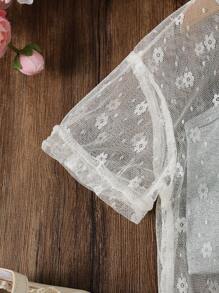 2 件套年轻女孩通勤休闲雏菊罩衫短袖 T 恤和无袖蝴蝶结上衣搭配灰色迷你裙，春夏 - 灰色 - 查看 6