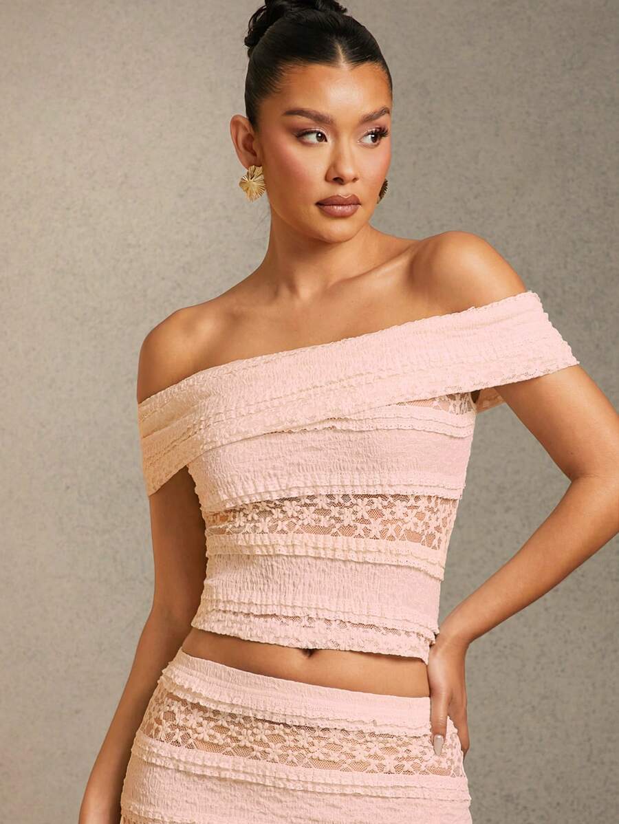 L'Amorae Women's Solid Color Off Shoulder Lace Ruffle Hem Fitted Fashion Top