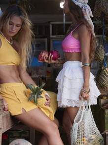 Aralina Layered Ruffle Mini Skirt Boho Chic Lace Trim High Waist Flowy Skirt - White - View 6