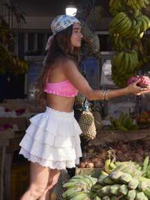 Aralina Layered Ruffle Mini Skirt Boho Chic Lace Trim High Waist Flowy Skirt - White - View 7