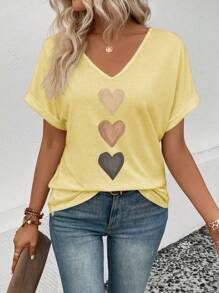 INAWLY 女士 V 领袖口渐变色心形印花休闲 T 恤，百搭春夏季 - 黃色 - 查看 4