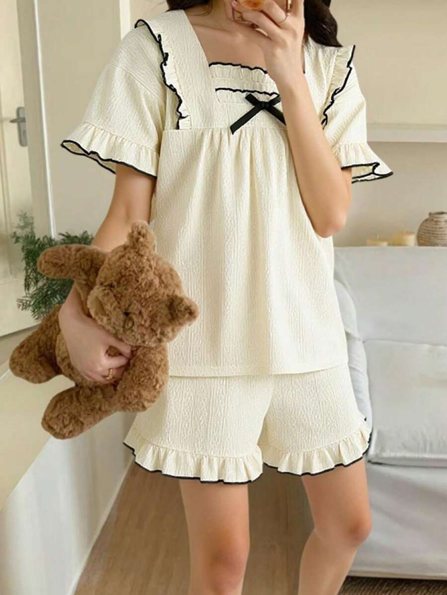 2 件套青少年女孩黑色 3D 蝴蝶结纹理短袖上衣和短裤睡衣，简约舒适的家居服，返校时尚 - 杏色 - 查看 1