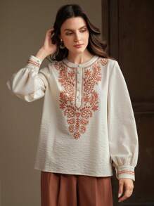 Anewsta Blusa elegante de manga larga con cuello redondo, botones y ajuste holgado con bordados, de color albaricoque versátil - Albaricoque - Ver 3