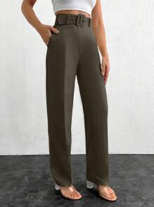 EURMUSE Women's Solid Color High Waist Keyhole Buckle Straight Leg Casual Pants - Army Green - View 5