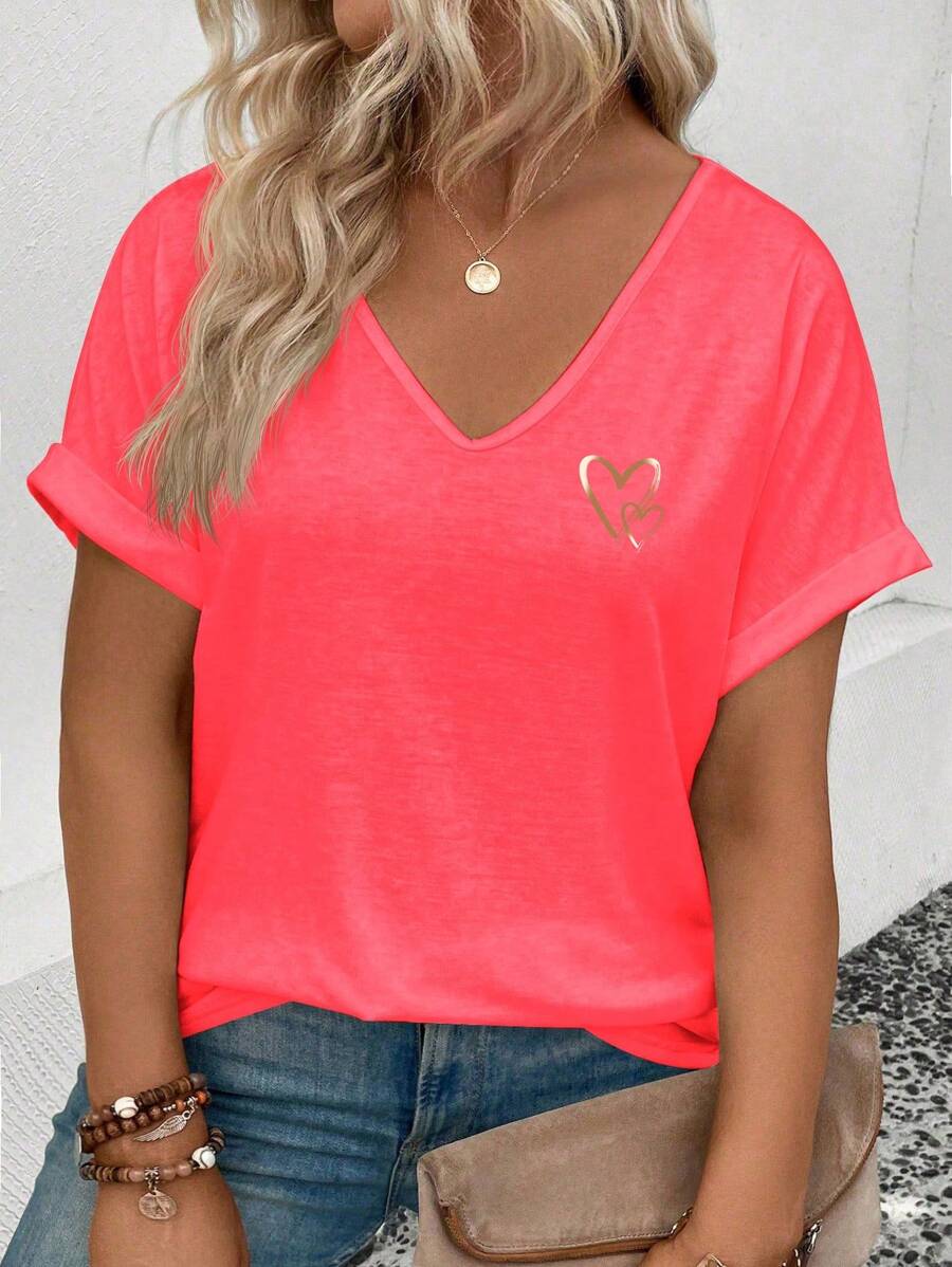 SHEIN Plus Size Women V-Neck Loose Gradient Heart Print Short Sleeve T-Shirt, New Fashion - Red - View 1