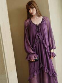SHEIN Unity Vestido casual suelto de mujer de estilo vacacional, de gasa morada, de manga larga con cuello en V, con volantes y cintura con lazo - Morado - Ver 2