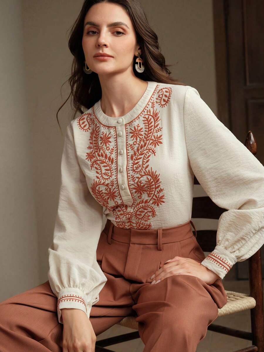 Anewsta Blusa elegante de manga larga con cuello redondo, botones y ajuste holgado con bordados, de color albaricoque versátil - Albaricoque - Ver 1