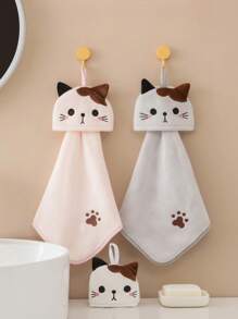 SHEIN 1pc Cute Cartoon Cat Hand Towel - Soft Coral Fleece Pocket Towel For Bathroom And Kitchen - Absorbent And Dual-Use Wipe Towel Home Bathroom Decor Summer