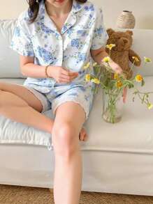 Conjunto de prendas de estar en casa de 2 piezas para adolescentes, con un cárdigan de manga corta con estampado floral francés y ribete de encaje y pantalones cortos, de estilo lujoso y cómodo - Blanco - Ver 6