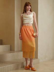 Arave Women's Elegant High-End Ombre Dye Casual Pleated Double Layer Vintage Tassel Yellow Skirt For Women Summer, Orange & Yellow Color Fall For Women - Orange - View 6