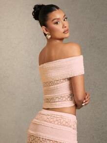 L'Amorae Women's Solid Color Off Shoulder Lace Ruffle Hem Fitted Fashion Top