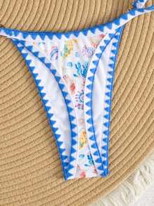 Swim Mod 2pcs/Set Marine Micropattern Fabric Wireless Lace-Up Sweet Cute Deep-V Shell Flower Crochet Bikini Swimsuit, Beach Vacation For Spring & Summer - Blue and White - View 5