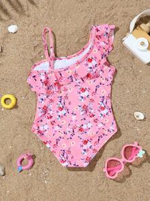1pc Girls' Adjustable Shoulder Strap Ditsy Floral Ruffled Trim One-Piece Swimsuit - Multicolor - View 2