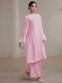 Graceveil 2pcs/Set Women Elegant Stand Collar Ruffle Cuff Long Sleeve Set Modest - Pink - View 6