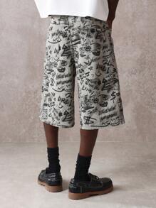 SUMWON Wide Leg Denim Graffiti Print Jorts Urban Street Style Skater Loose Fit Summer Knee Length Shorts Money Pattern Dollar Sign Baggy Street Basketball - Multicolor - View 2