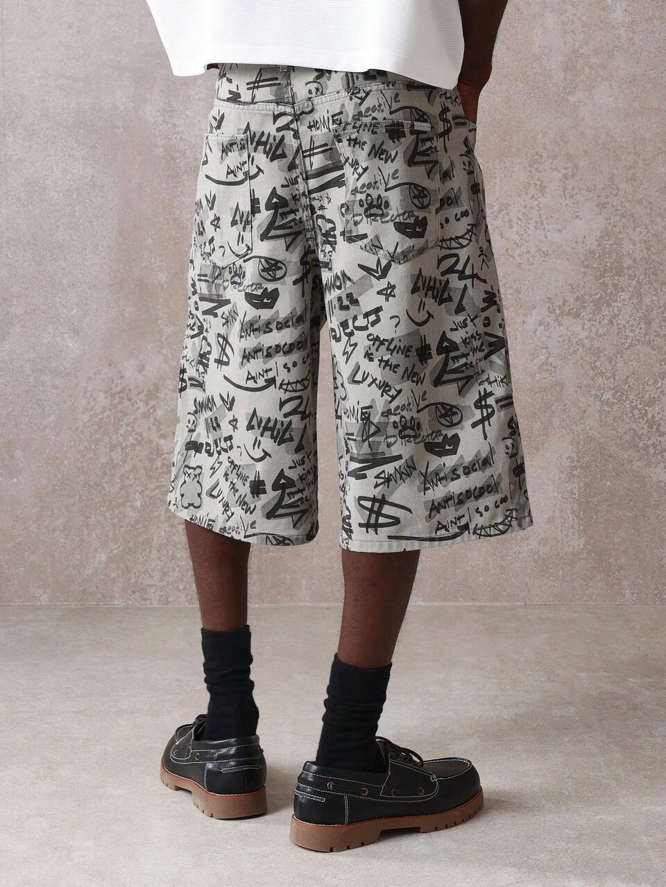 Wide Leg Money Pattern Denim Shorts