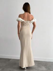 EURMUSE Two Tones Off Shoulder Ruffle Trim Bodycon Dress, Elegant Dress Gown Party White Summer - Beige - View 2