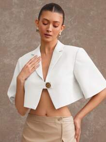 L'Amorae 女士纯色短袖上衣，夏季时尚 - 白色 - 查看 4