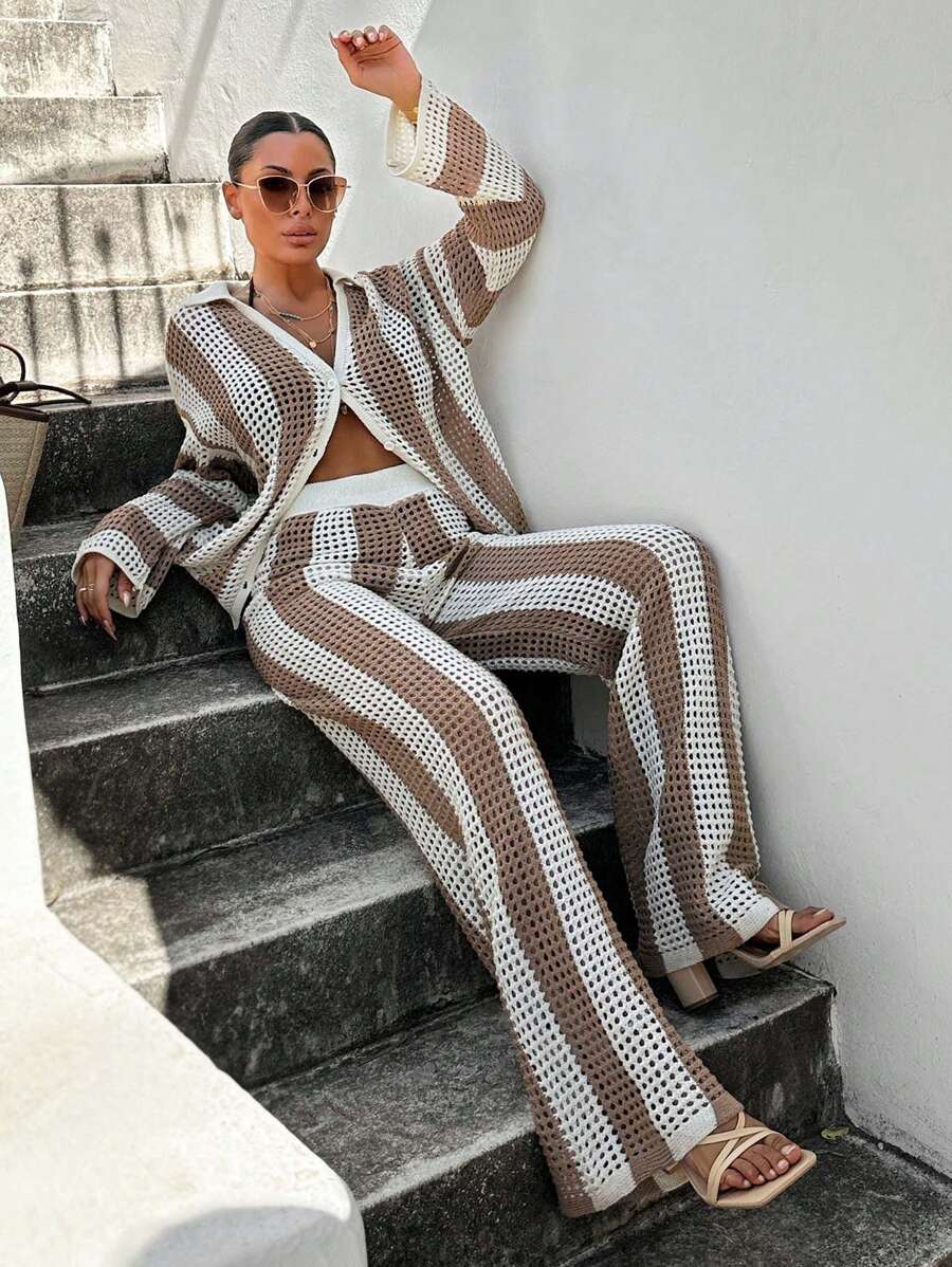 EURMUSE 2 Pcs Bohe Cover Up Set Contrast Striped Summer Beach Vacation Relax - Apricot - View 1