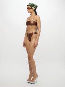 SUMWON WOMEN 金属色两件套泳衣夏季沙滩高开叉比基尼套装方领上衣丁字裤可调节肩带沙滩装泳池派对