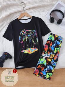 2Pcs/Set Teenage Boys Luminous Gamepad Graphic Print Glow-In-The-Dark Tight Fitting Crew Neck Short Sleeve Top & Long Pants Pajamas Set - Multicolor - View 4