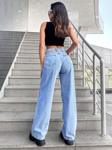 SHEIN Cottnline 100%Cotton Slant Pocket Straight Leg Jeans - Light Wash - View 2