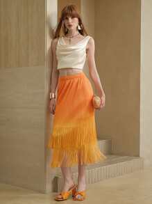 Arave Women's Elegant High-End Ombre Dye Casual Pleated Double Layer Vintage Tassel Yellow Skirt For Women Summer, Orange & Yellow Color Fall For Women - Orange - View 3
