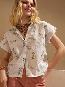 Bóhologie 波西米亚风女装女夏装白色休闲德国海边度假，适合日常、出街、度假等场合穿着女士纯色全身花朵印花刺绣梭织面料纽扣前领无袖上衣春夏季假期度假外出 100% 纯棉刺绣面料