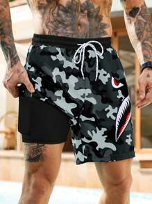 Manfinity Swimmode Men's Casual Camo Print Beach Shorts, Summer, Hawaiian - Multicolor - View 4