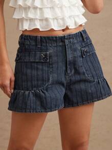 WESTFADE Quần short denim miền Tây Cowgirl Rodeo cạp vừa có túi tiện dụng có nút - Rửa tối - Xem 4