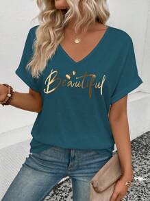 SHEIN 新款女士时尚金属字母图案V领短袖T恤 - 藍色 - 查看 5