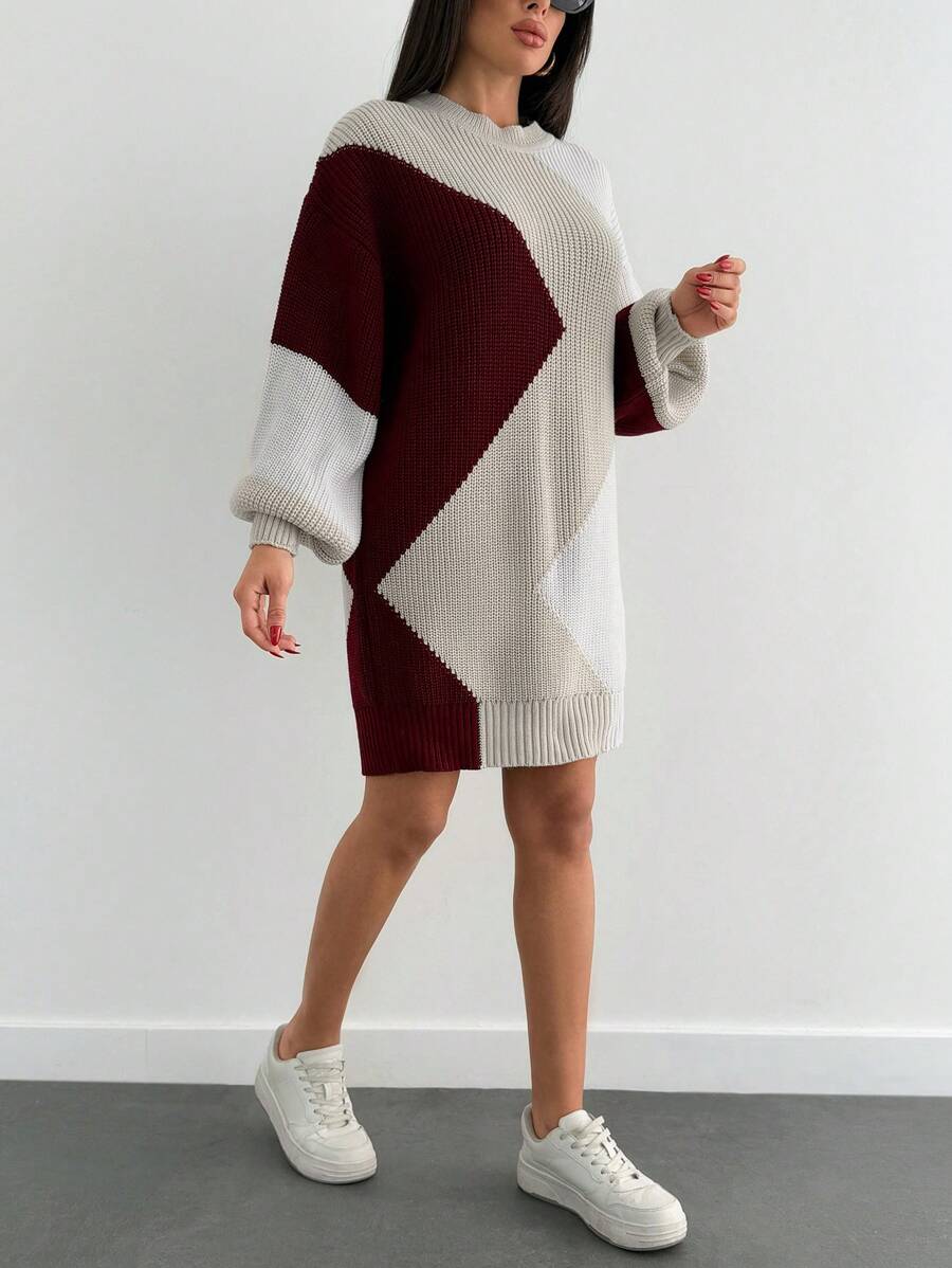 SHEIN Cottnline Multicolor Geometrical Pattern Long Sleeve Round Neck Sweater - Multicolor - View 1