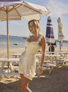 Aralina Women Solid Color Sleeveless Ruffled Sleeve Back Tie Open Back Mini Dress, For Summer - White - View 5