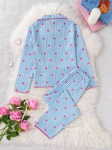 女学生睡衣，女孩可爱樱桃印花长裤和长袖两件套休闲睡衣套装 - 彩色 - 查看 2