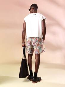 SUMWON Pantalones cortos de verano de ajuste regular con estampado de tapiz, con sensación de lino, relajados con cordón, clásicos y casuales, para playa, resort, uso diurno transpirable