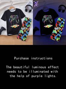 2Pcs/Set Teenage Boys Luminous Gamepad Graphic Print Glow-In-The-Dark Tight Fitting Crew Neck Short Sleeve Top & Long Pants Pajamas Set - Multicolor - View 5