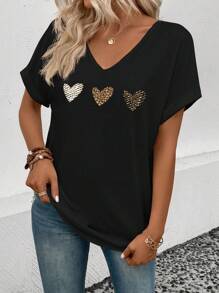 INAWLY 全新女式时尚休闲心形豹纹印花 V 领宽松短袖 T 恤 - 黑色 - 查看 5