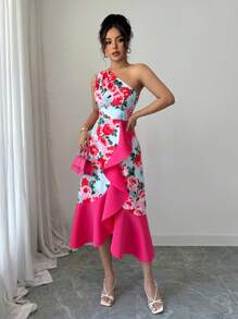 Elenzga 1 件女式花卉印花不对称荷叶边腰部不对称下摆连衣裙，春夏 - 彩色 - 查看 3