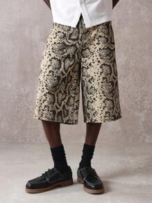 SUMWON Designer Printed Bermuda Shorts Snake Pattern Wide Leg Loose Fit Summer Knee Length Cotton Shorts Relaxed Casual Resort Wear